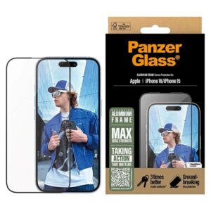 Szkło hartowane PanzerGlass Ultra-Wide Fit z aluminiową ramką do iPhone 16 / 15