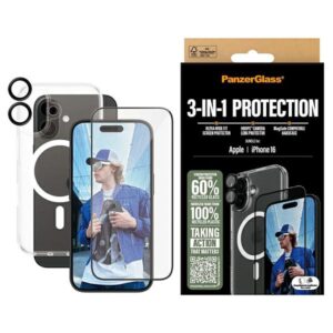Zestaw 3w1 PanzerGlass: Etui HardCase D3O, Szkło Ultra-Wide Fit i Szkło na aparat do iPhone 16