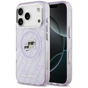 Etui Karl Lagerfeld IML Glitter Karl & Choupette Heads Logo z MagSafe do iPhone 17 Pro, Fioletowe