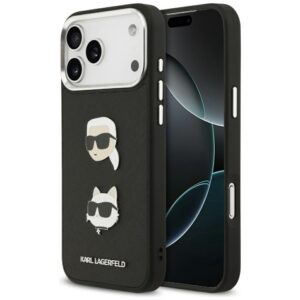 Etui Karl Lagerfeld FW Grained Karl & Choupette Heads Pins & Logo do iPhone 17 Pro Max, Czarny