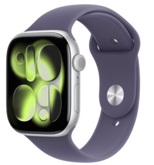 Apple Watch Series 11 GPS + Cellular 46 mm, Aluminium Srebrne, Pasek Sportowy Mleczny Fiolet (Rozmiar S/M)